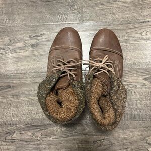 Brown Lace-Up Knit Cuff Ankle Boots